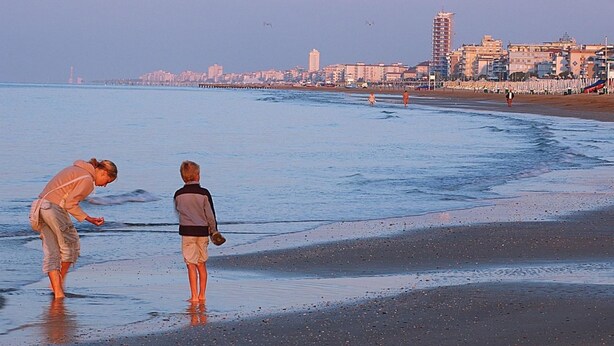Escena de playa con un horizonte urbano al fondo.