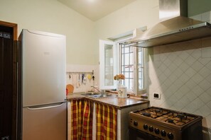 Fridge, stovetop, cookware/dishes/utensils