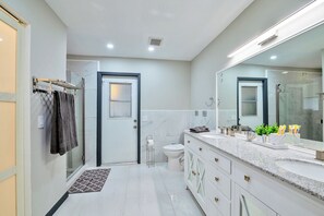 Hair dryer, towels, soap, shampoo