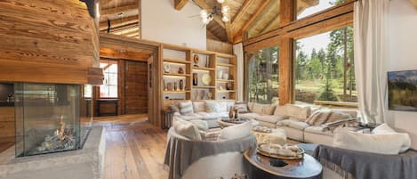 Smart TV, fireplace, books, stereo