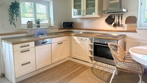 A modern kitchen with white cabinetry, a built-in oven, a microwave, and a hanging plant. - Ferienwohnung Alvine - Dubnitz - Doppelhaushälfte Alwine (Sassnitz)