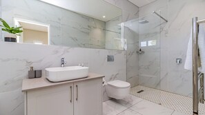 Hair dryer, towels, soap, shampoo