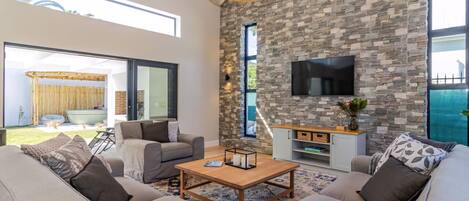 Smart TV, fireplace, books, stereo