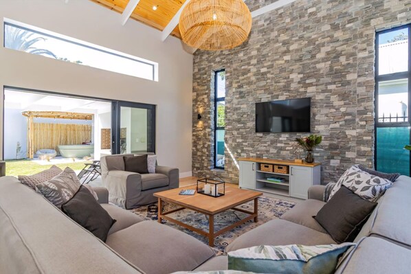 Smart TV, fireplace, books, stereo