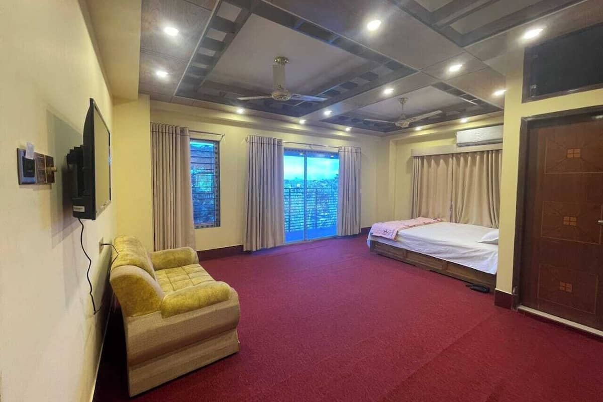 A hotel room with a red carpet, a sofa, a bed, a television, and a view through the window.