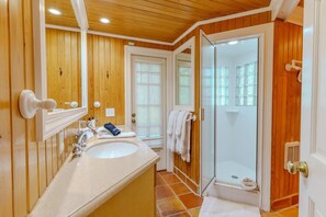 Shower, hair dryer, towels