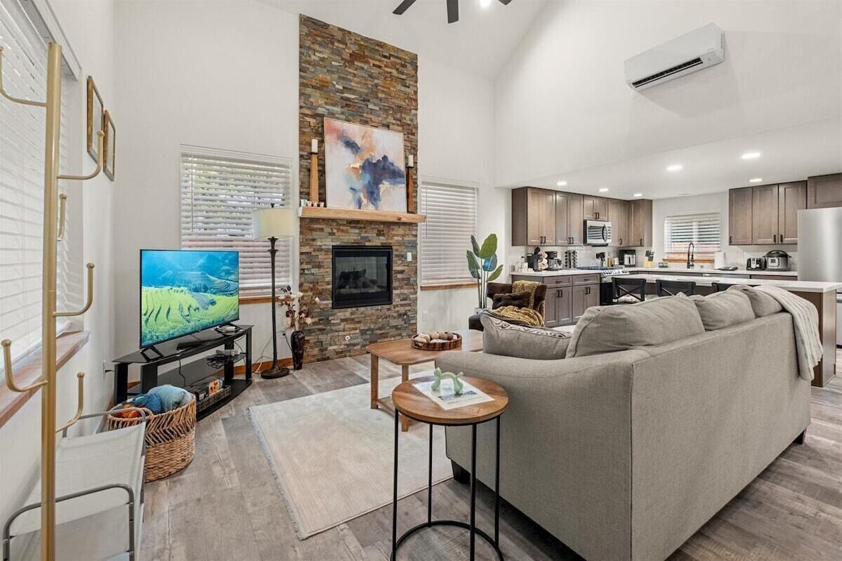 Smart TV, fireplace, books