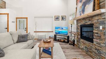 Smart TV, fireplace, books