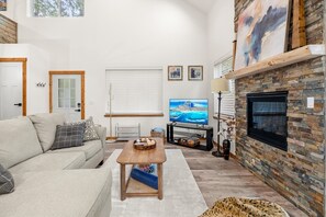 Smart TV, fireplace, books