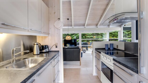 A modern kitchen with stainless steel appliances, white cabinetry, and a view of the outdoors. - "Ingwin" -  from the sea by Interhome (Hals)