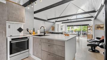 Fridge, stovetop, dishwasher, coffee/tea maker