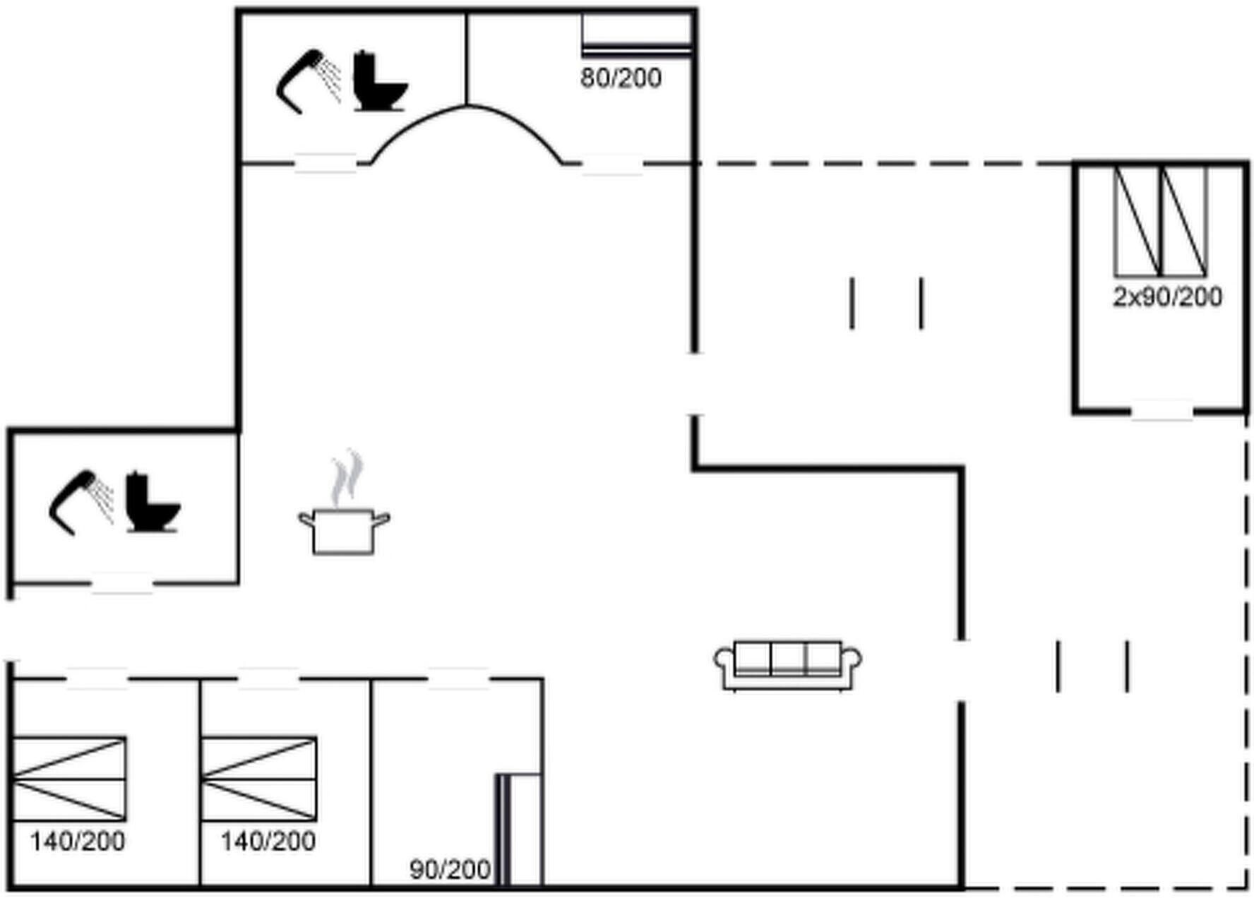 A floor plan with a kitchen, two bathrooms, a living area, and a dining area.