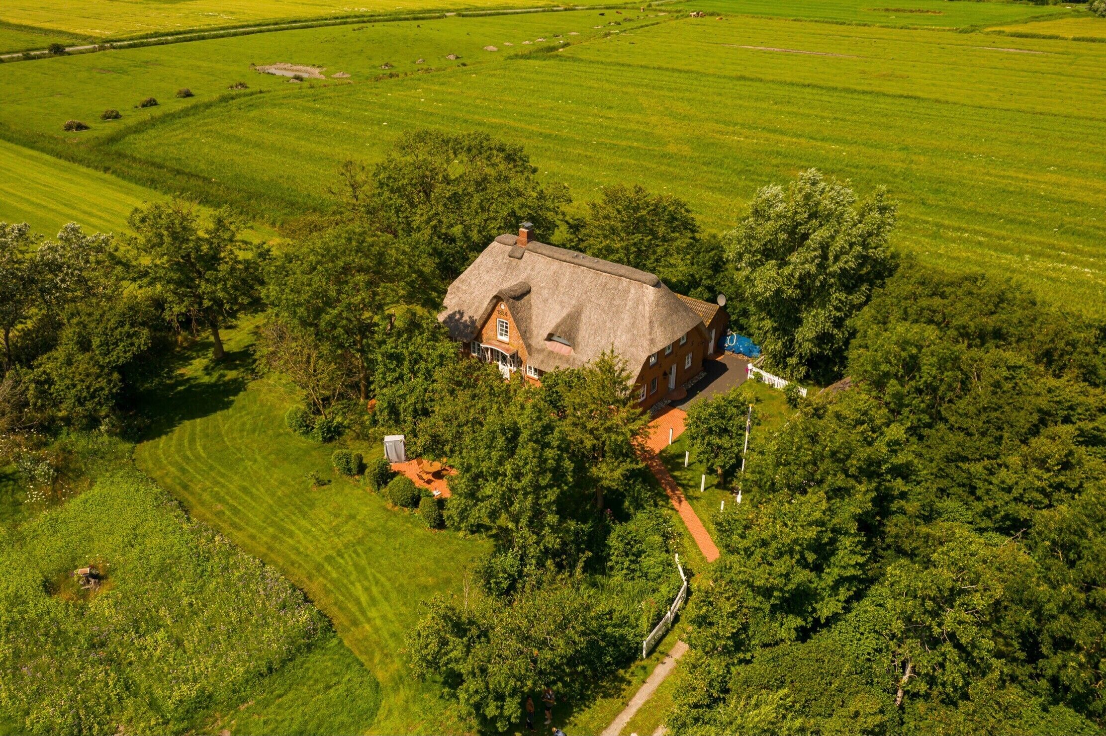 An aerial view of a house surrounded by lush green fields and trees.