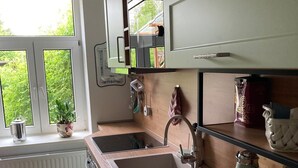A kitchen with a double sink, a stove, and a window with a view of greenery. - Apartment 'Ehemaliges Gutsverwalterhaus' with Shared Terrace, Shared Garden and Wi-Fi (Woldegk OT Mildenitz)