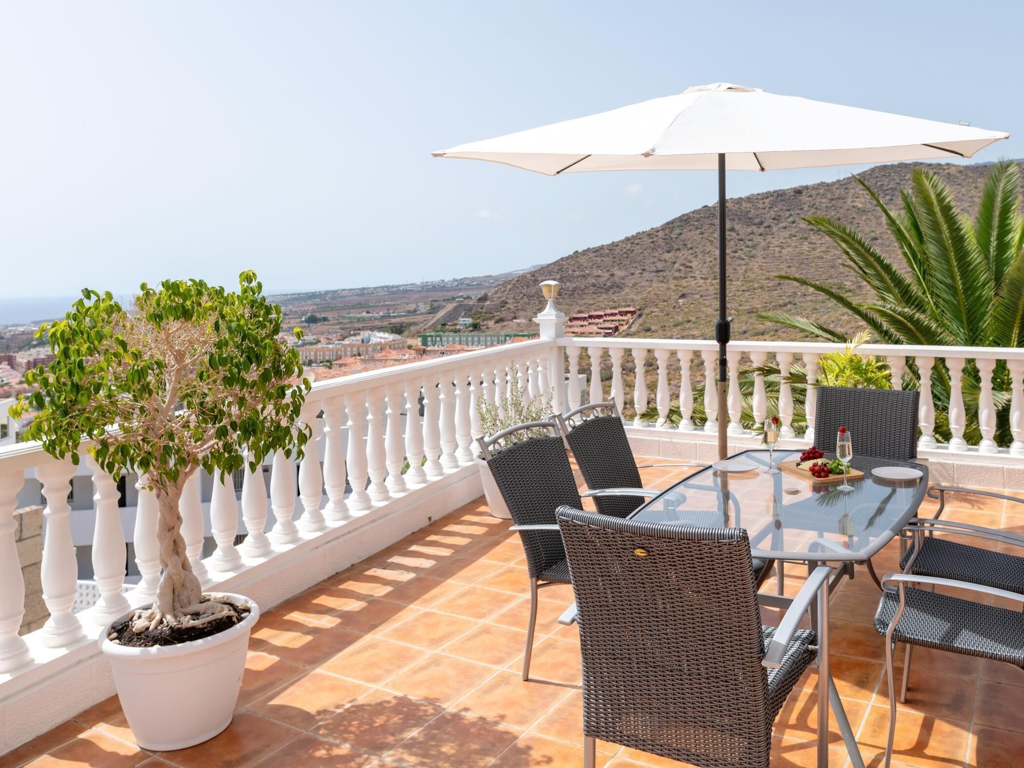 Une terrasse avec une table et des chaises, un arbre en pot et un parasol blanc.