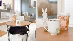 Uma sala de estar moderna com uma mesa de centro redonda, uma cesta com um brinquedo macio e uma chaleira branca.