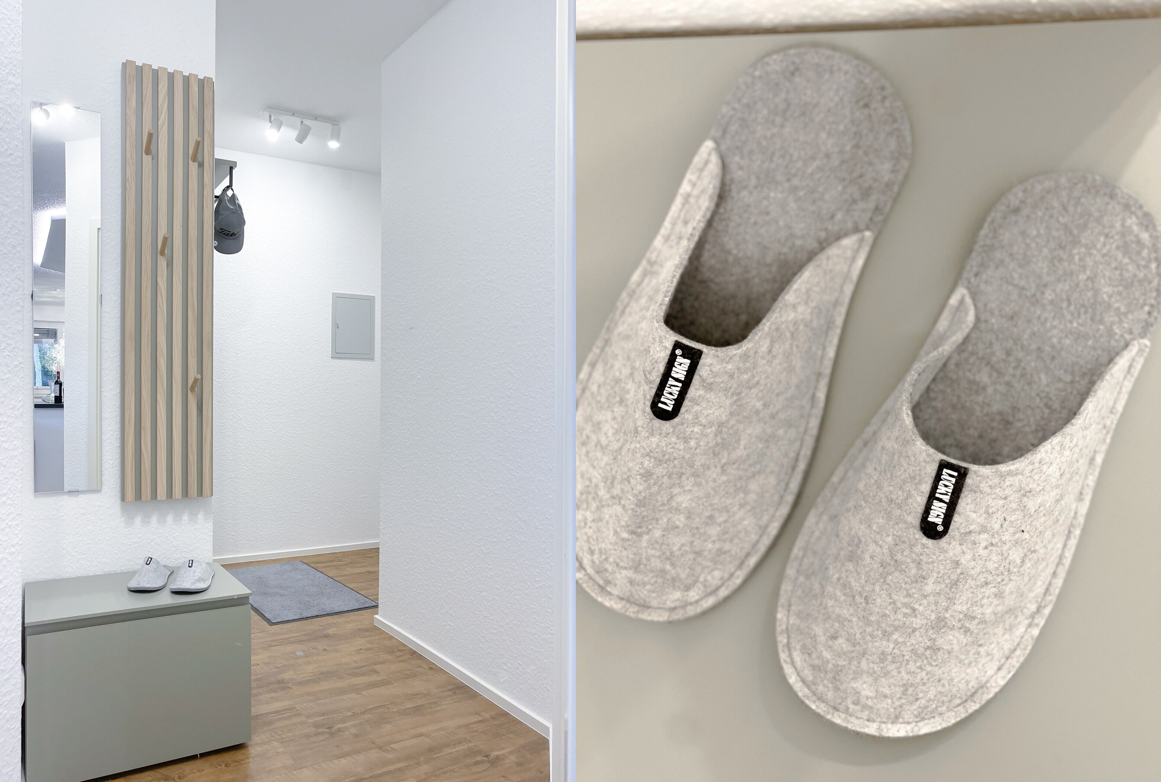 Ein Zimmer mit grauem Sofa, einer Wandverkleidung aus Holzleisten, einem grauen Teppich und einem Paar grauer Hausschuhe mit Etikett.