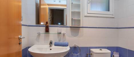 A bathroom with a white sink, blue-tiled walls, a toilet, and a mirror above the sink.