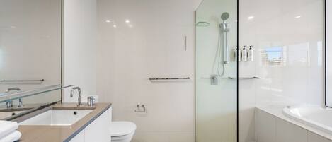 Hair dryer, towels, soap, shampoo