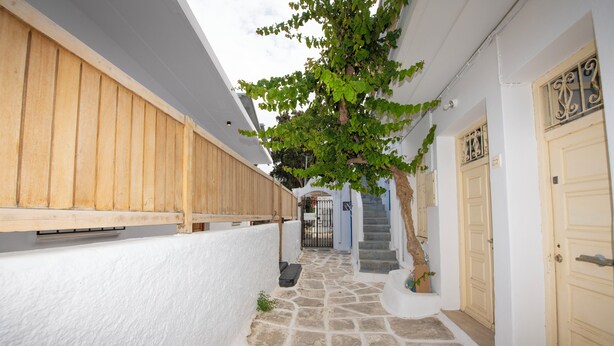 Un étroit sentier de pierres mène à un bâtiment bordé d’une clôture en bois d’un côté et d’un mur blanc de l’autre.