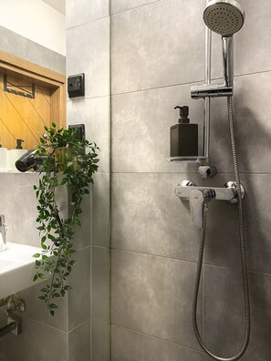 Hair dryer, towels, toilet paper
