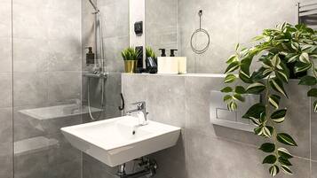 Regadera, secadora de cabello, toallas, papel de baño