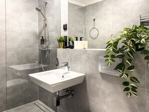 Shower, hair dryer, towels