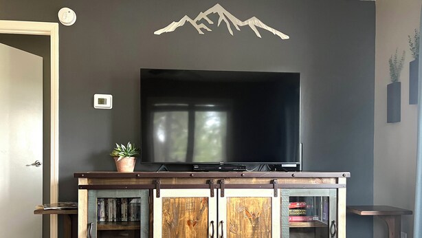 Un salon avec un téléviseur à écran plat fixé à un meuble en bois, une plante en pot et un élément décoratif mural.