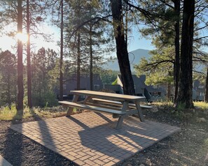 Une table de pique-nique dans un espace boisé, avec des maisons en arrière-plan.