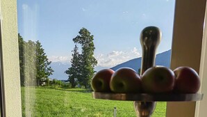 A dining table with a fruit bowl and plates, a window with a view of a green field and mountains. - Hotel Stubai (Schönberg im Stubaital)