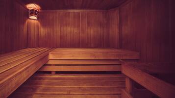 A wooden sauna with benches and a light fixture.
