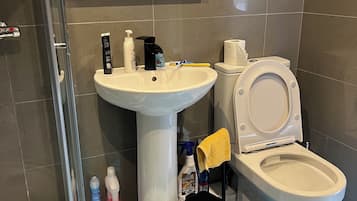 Secadora de cabello, toallas, jabón, papel de baño