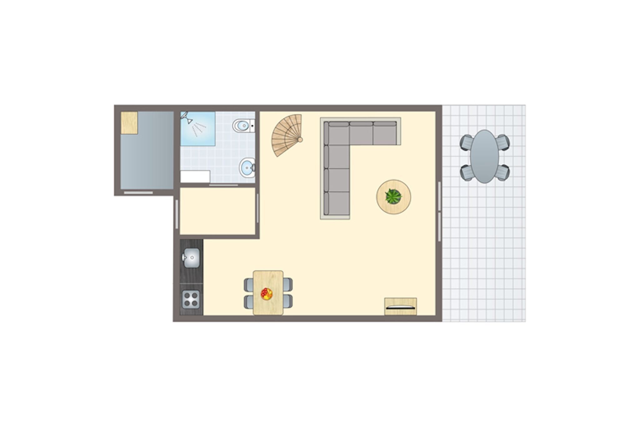 Distribución de un apartamento de dos habitaciones, con sala de estar, comedor, cocina y baño pequeño.