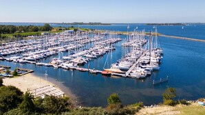 A marina with numerous boats docked in a calm, organized manner.