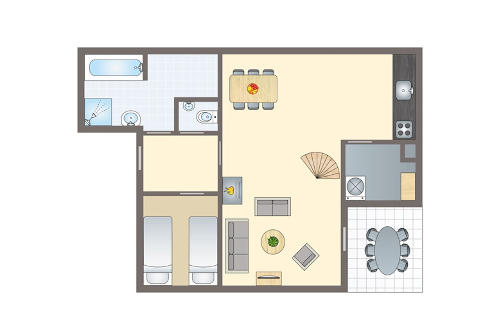 Planta baixa de um quarto de hotel com banheiro, área de refeições, cozinha e dois quartos.