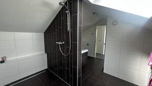 A modern bathroom with a shower, a skylight, and a view of a hallway.