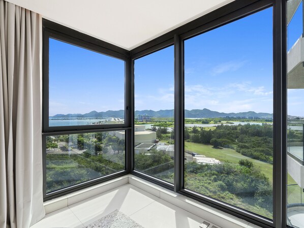 A room with large windows offering a view of a river, greenery, and distant mountains. - B-905 (Cupecoy)
