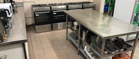 Fridge, microwave, cookware/dishes/utensils