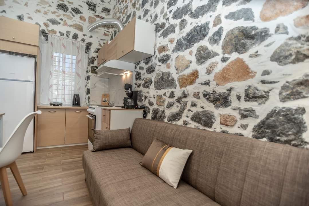 A compact living space with a stone wall, a kitchenette, a sofa, and a chair.