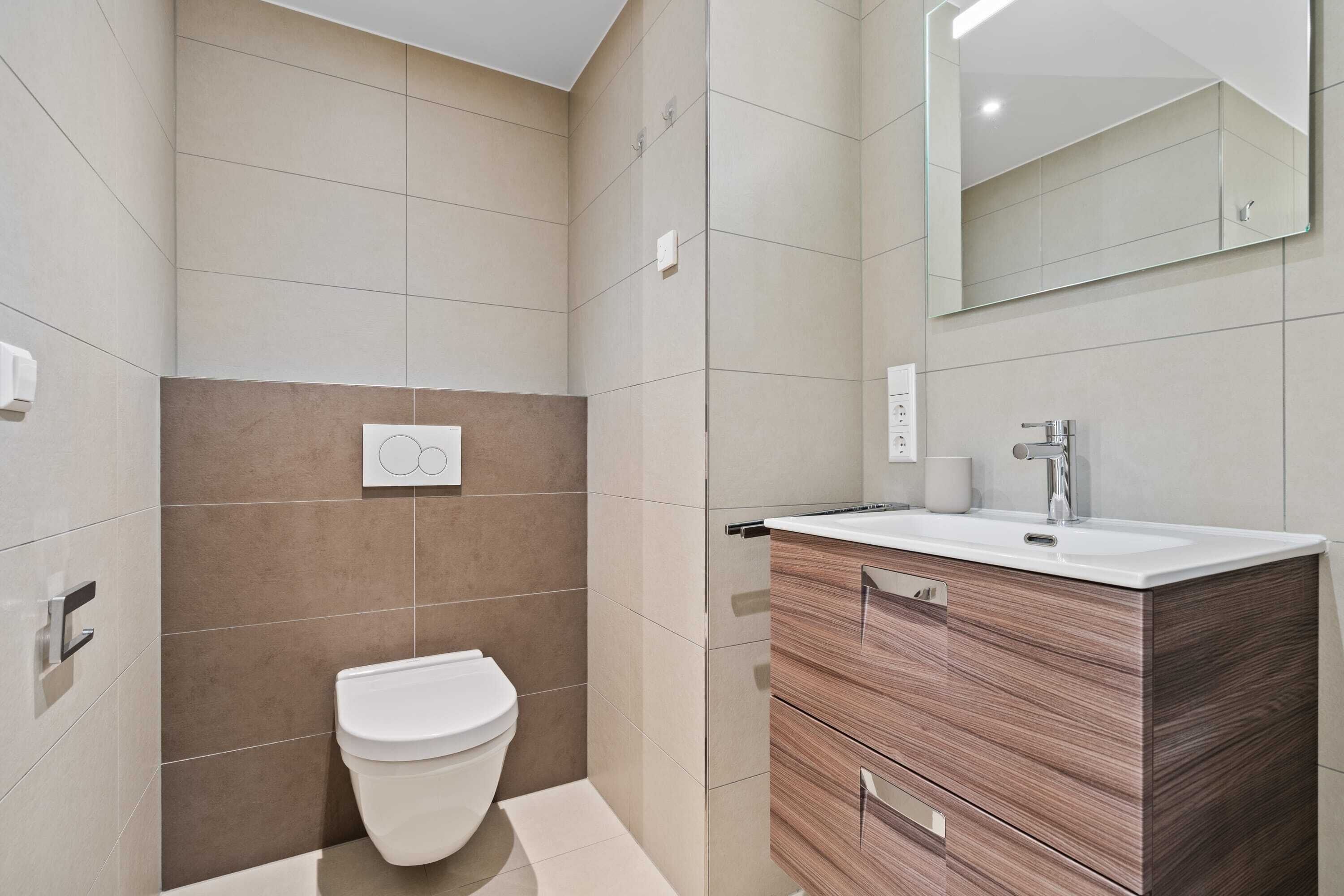 A modern bathroom with a toilet, vanity, and mirror.