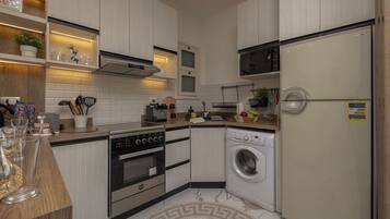 A compact kitchen with a built-in oven, microwave, and washing machine.