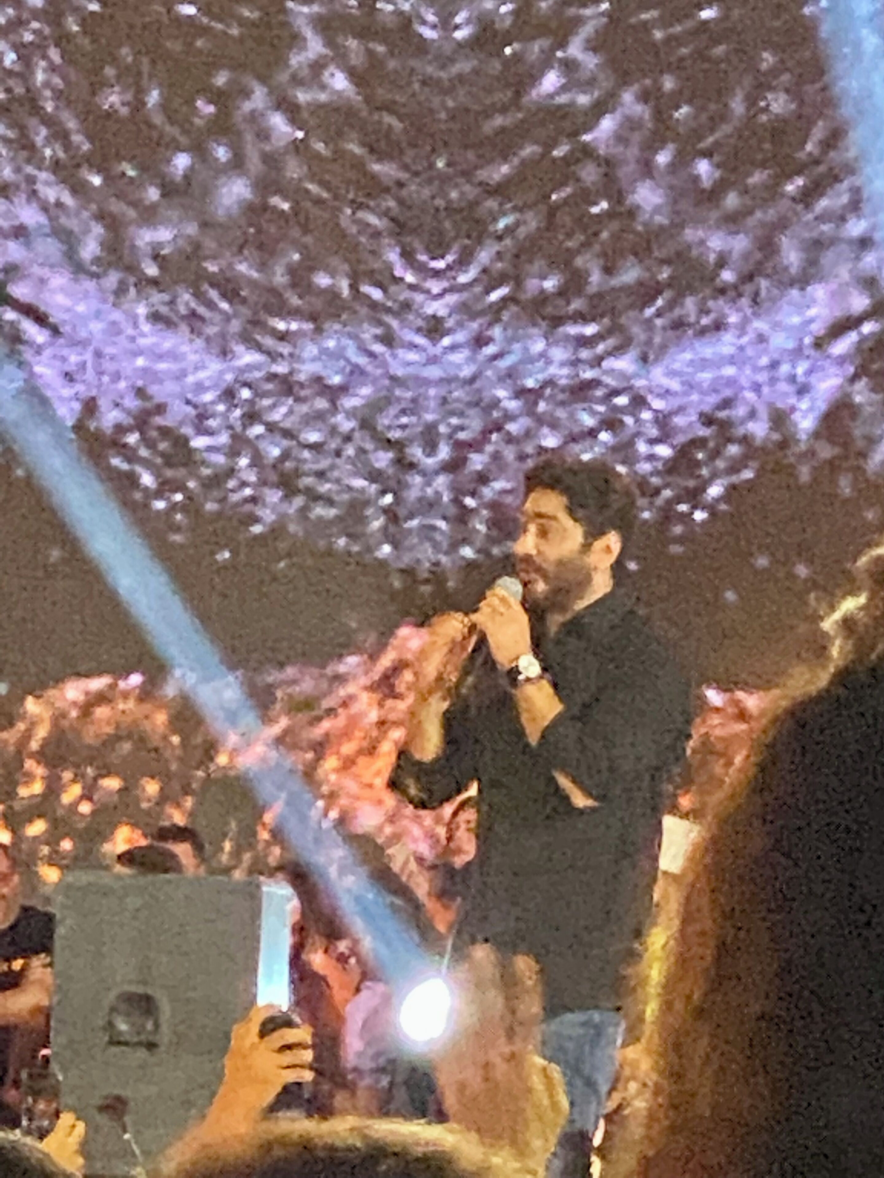 A person holding a microphone on a stage with a crowd in the foreground.