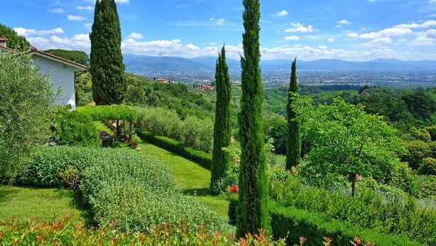 Un jardin luxuriant, parsemé de cyprès imposants, un bâtiment blanc surmonté d’un toit rouge, et une vue sur un paysage urbain lointain.