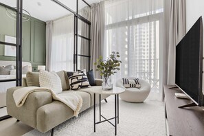 Design Apartment, 1 Bedroom, Balcony, City View | Living area - Silkhaus Socio Towers Dubai Hills (Dubai)