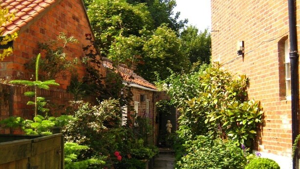 A narrow alleyway with brick buildings, lush greenery, and a wooden fence.