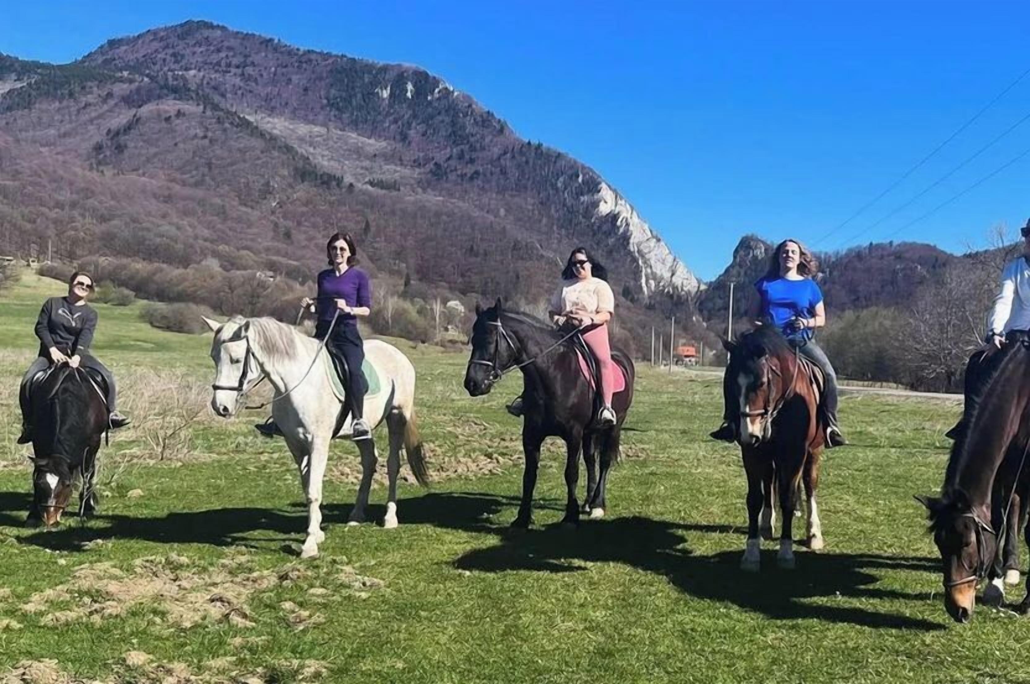 Un grupo de personas a caballo en un campo de hierba, con montañas al fondo.