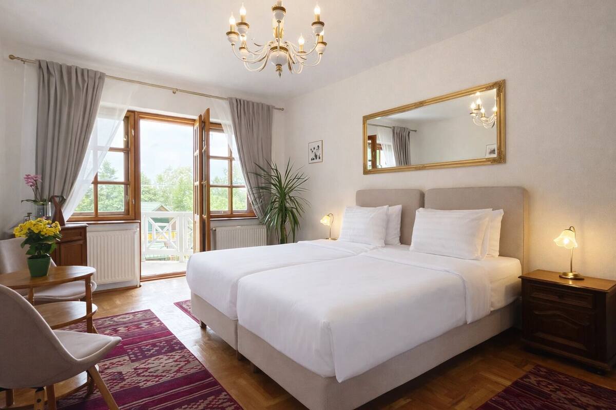 Un dormitorio con una cama grande, una araña, un espejo y vistas a través de una ventana.