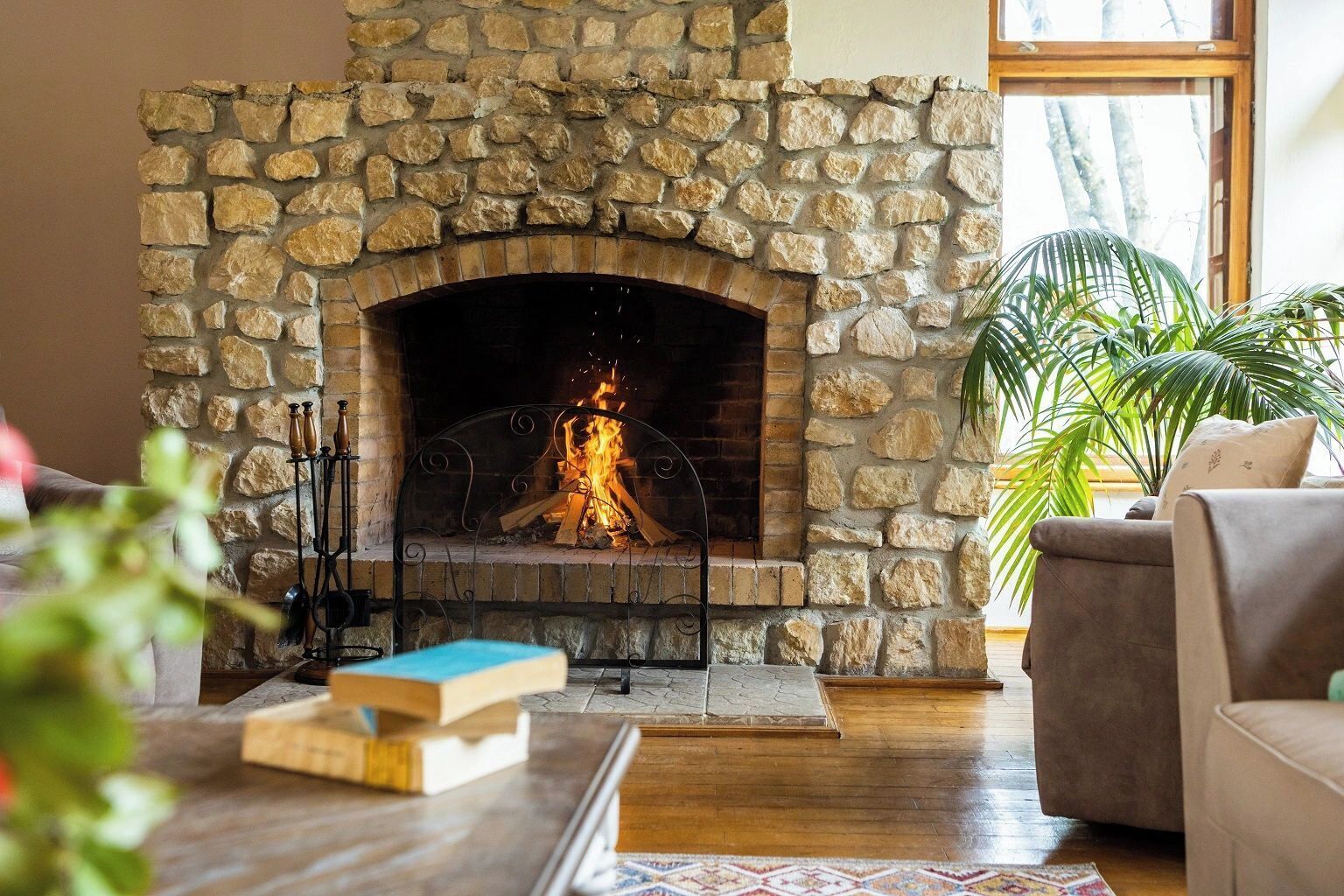 A stone fireplace with a fire, a sofa, and a potted plant in a living room.
