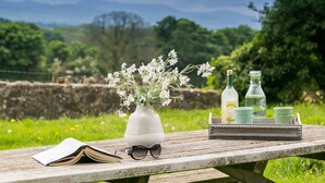 Un montaje para picnic sobre una mesa de madera con un libro, un jarrón de flores y botellas de agua y vino.