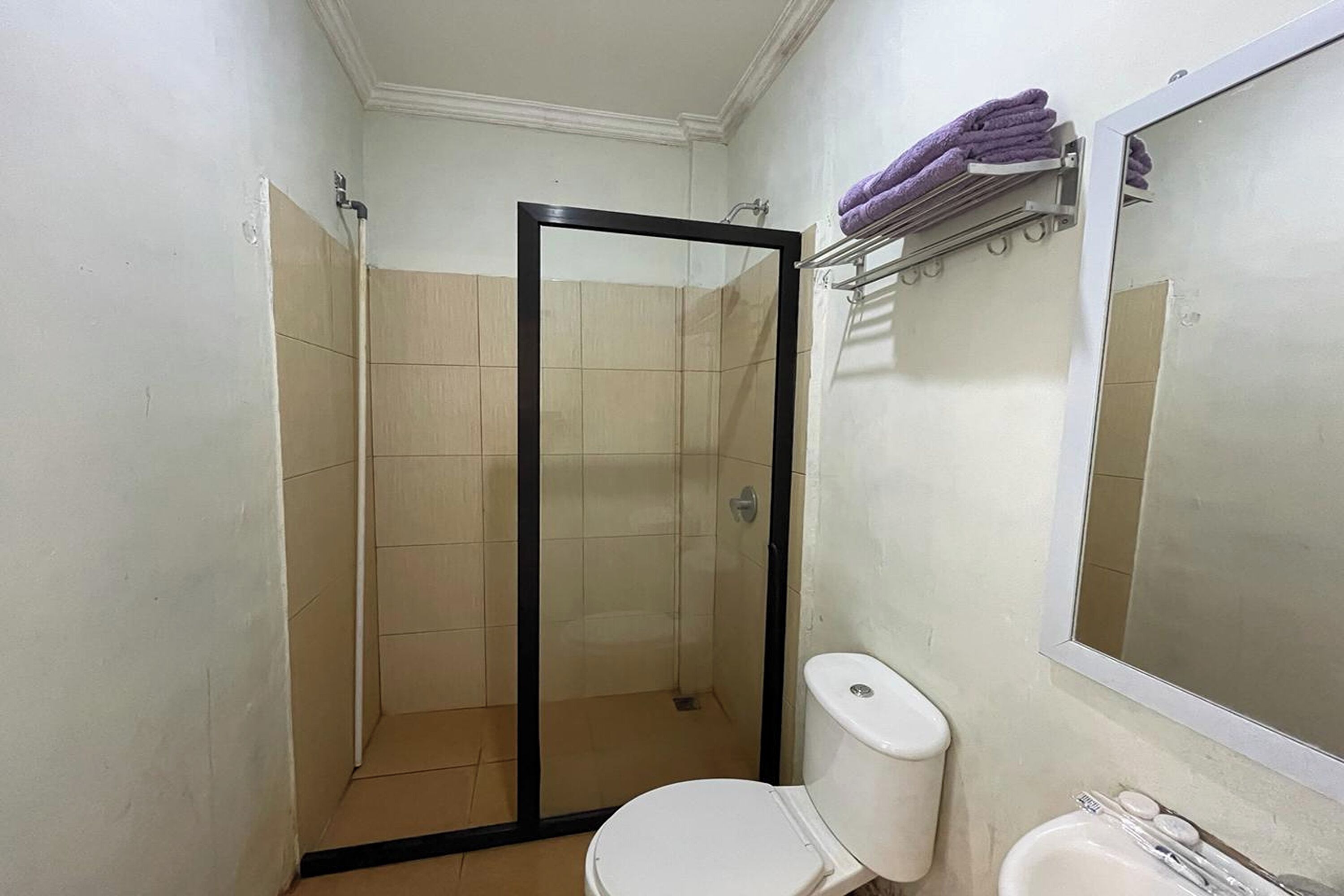 Un baño con ducha de vidrio, inodoro, lavamanos y toallero con toallas.